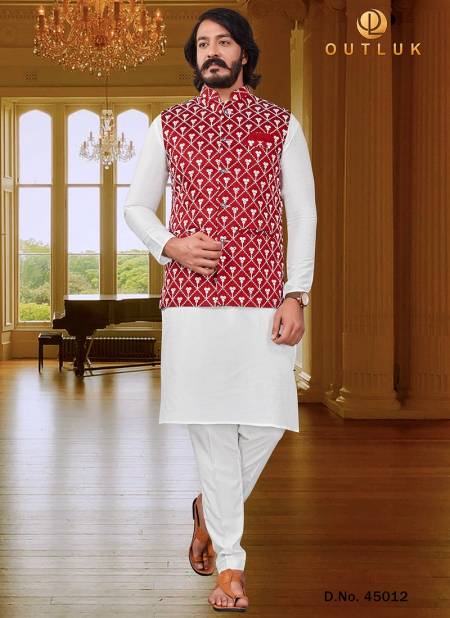 Red Colour Party Wear Art Silk Jacquard Print Kurta Pajama With Jacket Mens Collection 45012